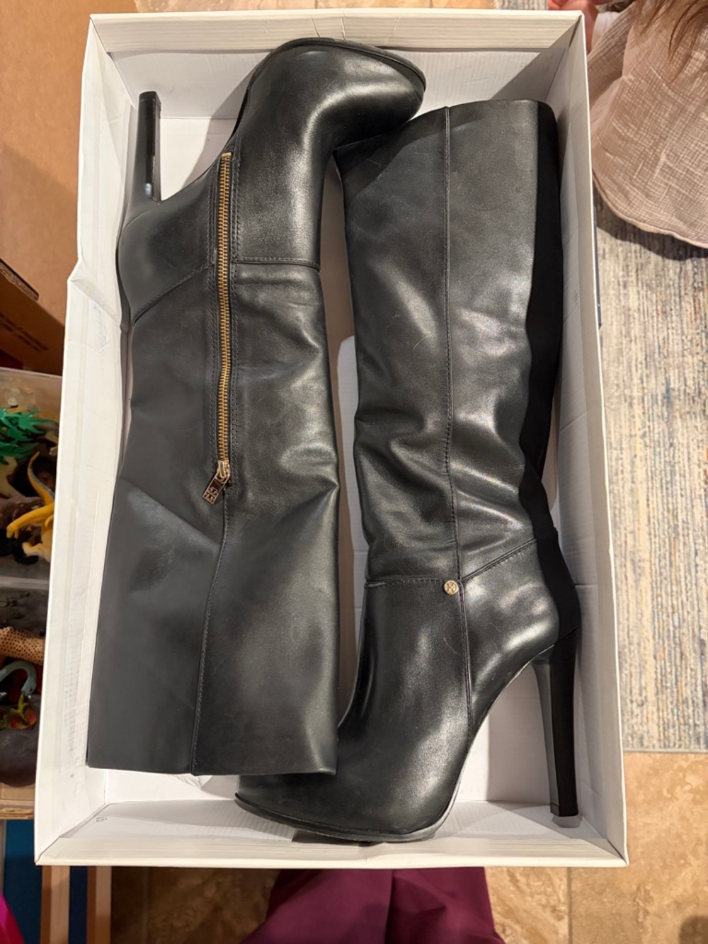 Tory Burch Black Leather Knee-High Stiletto Boots with Gold Zip